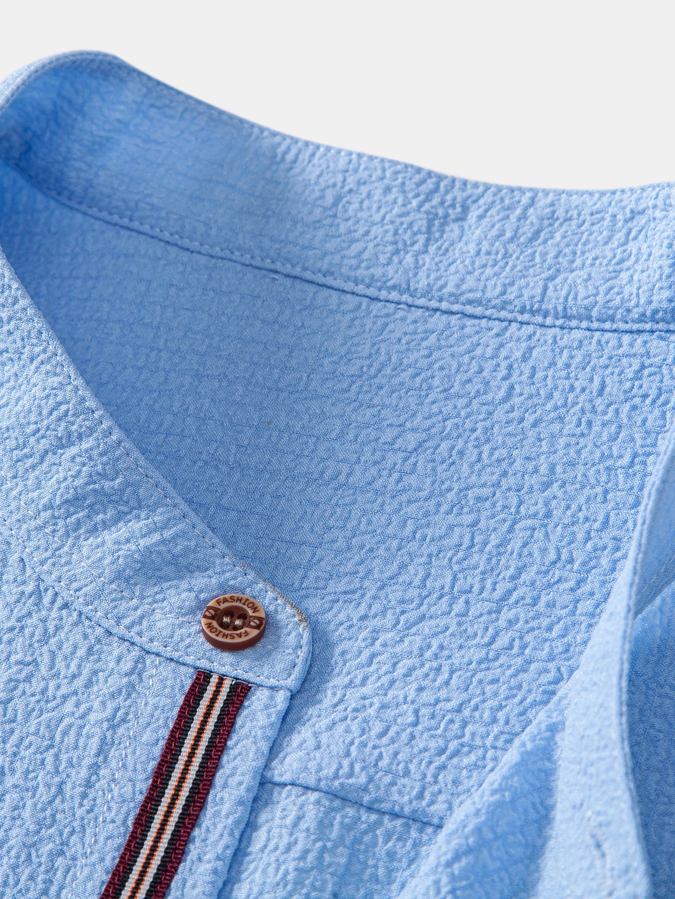 Short Sleeve Seersucker Stand Collar Shirt