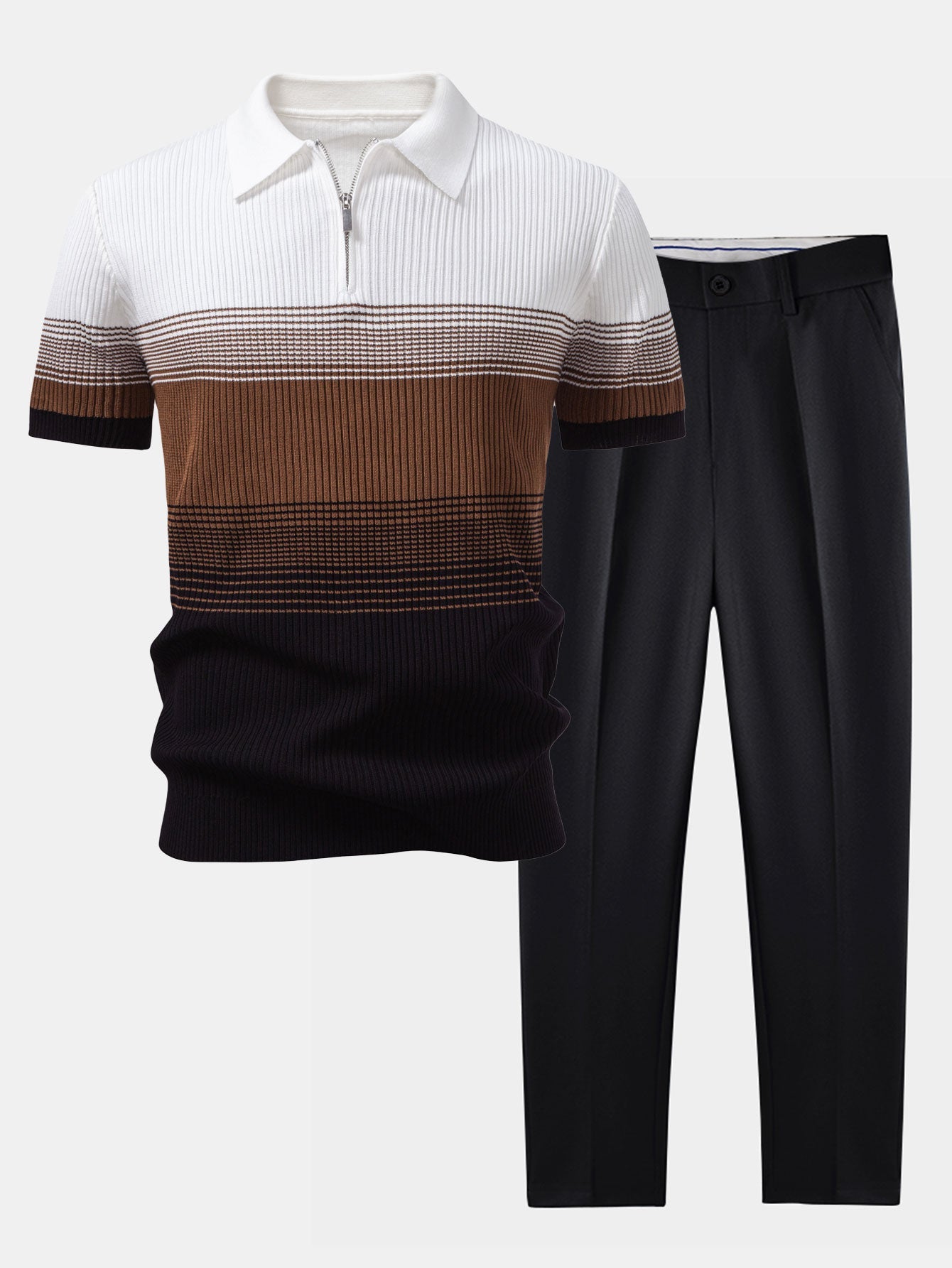 Striped Gradient Knitted Polo Shirt & Slim Fit Tapered Trousers