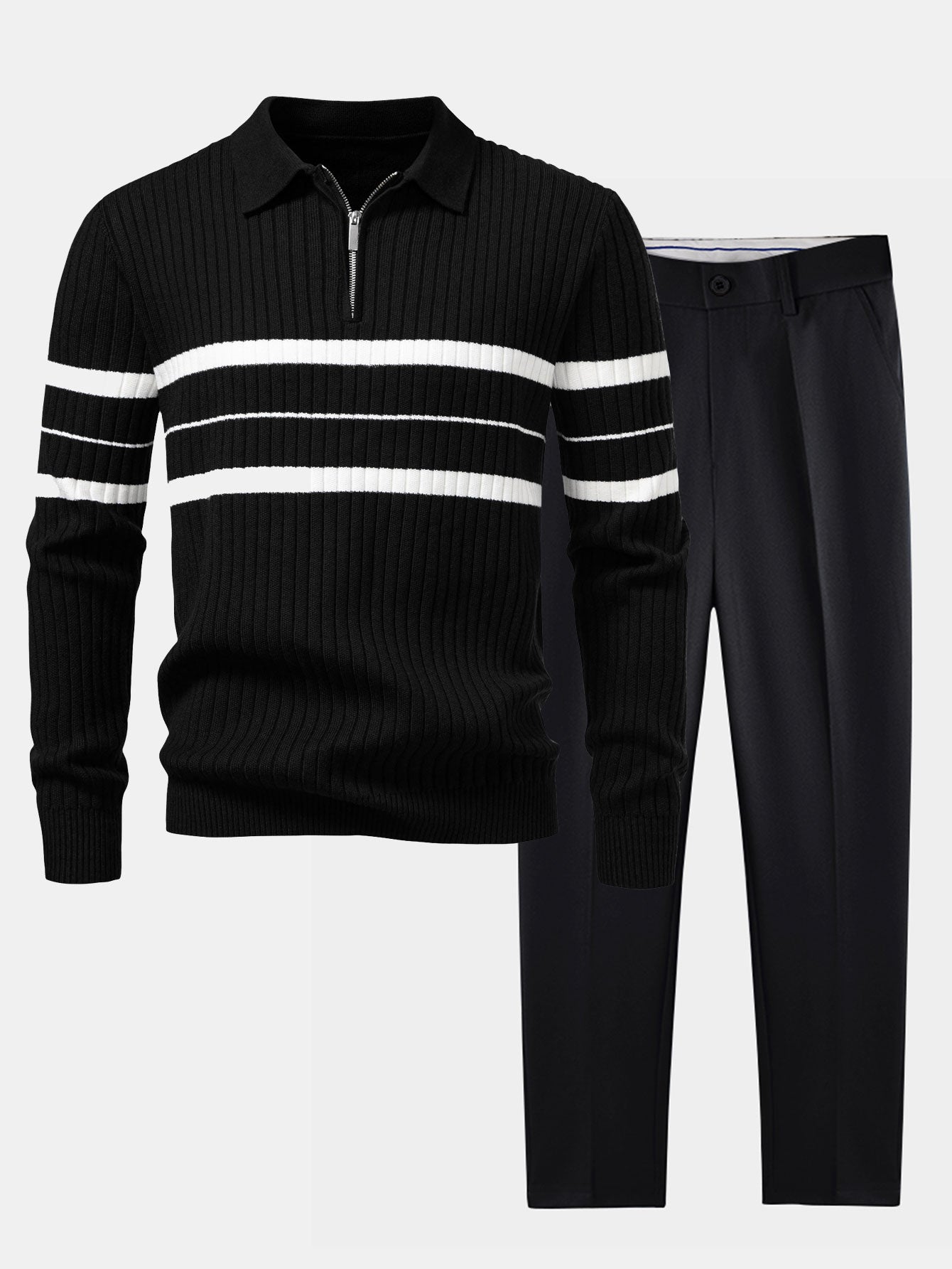 Stripe Zip Knit Ribbed Polo Shirt & Slim Fit Tapered Trousers