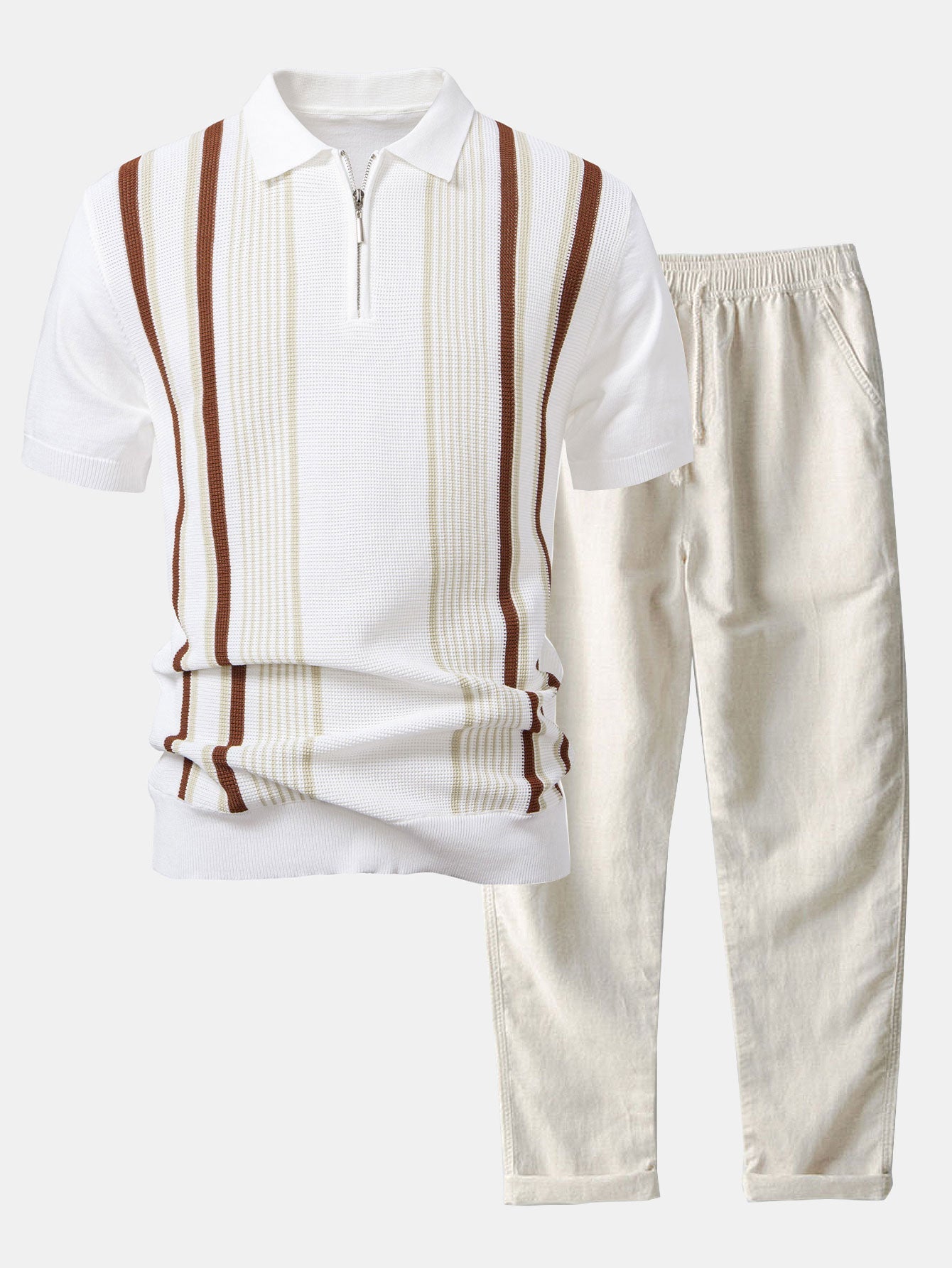 Stripe Knit Zip Up Polo Shirt & Straight Leg Linen Pants