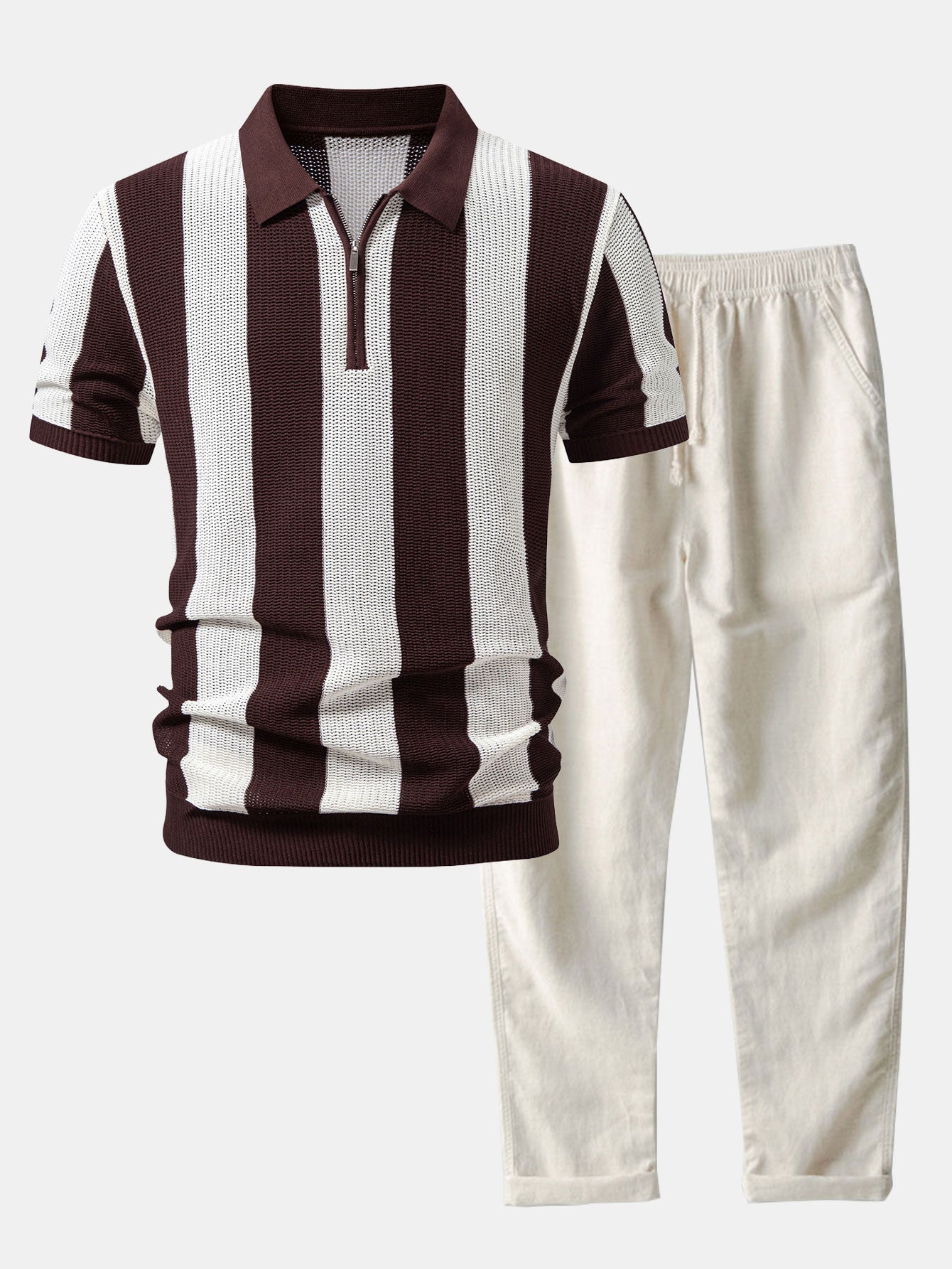 Stripe Zipper Open Knit Polo & Straight Leg Linen Pants