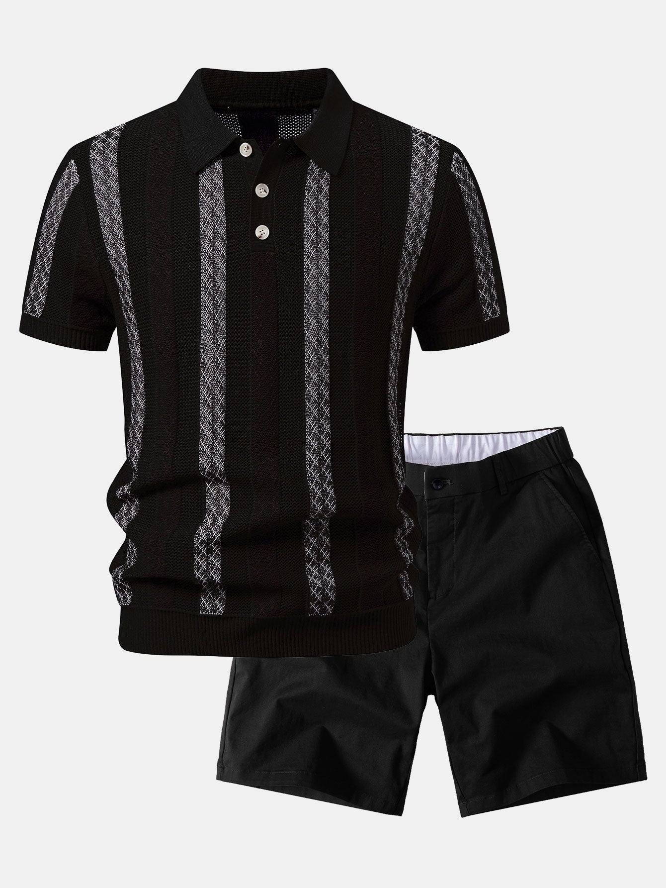 Striped Textured Knit Polo & Elastic Waist Chino Shorts