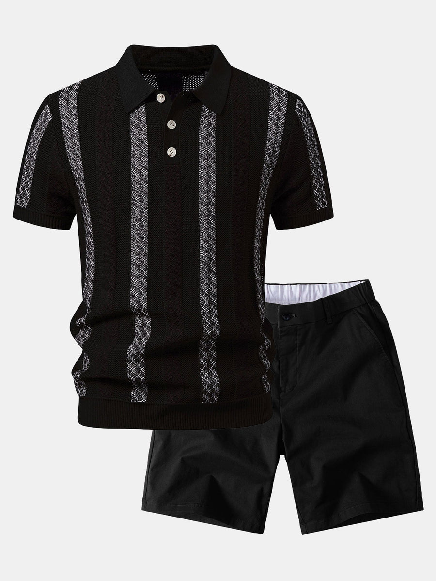 Striped Textured Knit Polo & Elastic Waist Chino Shorts
