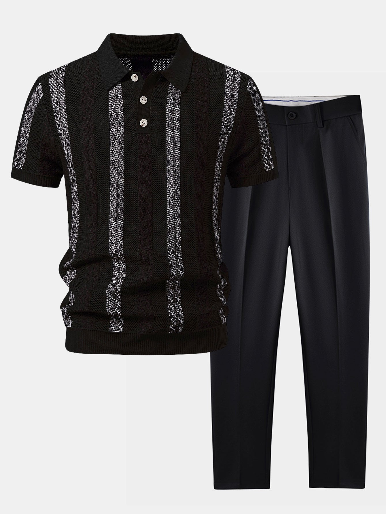 Striped Textured Knit Polo & Slim Fit Tapered Trousers