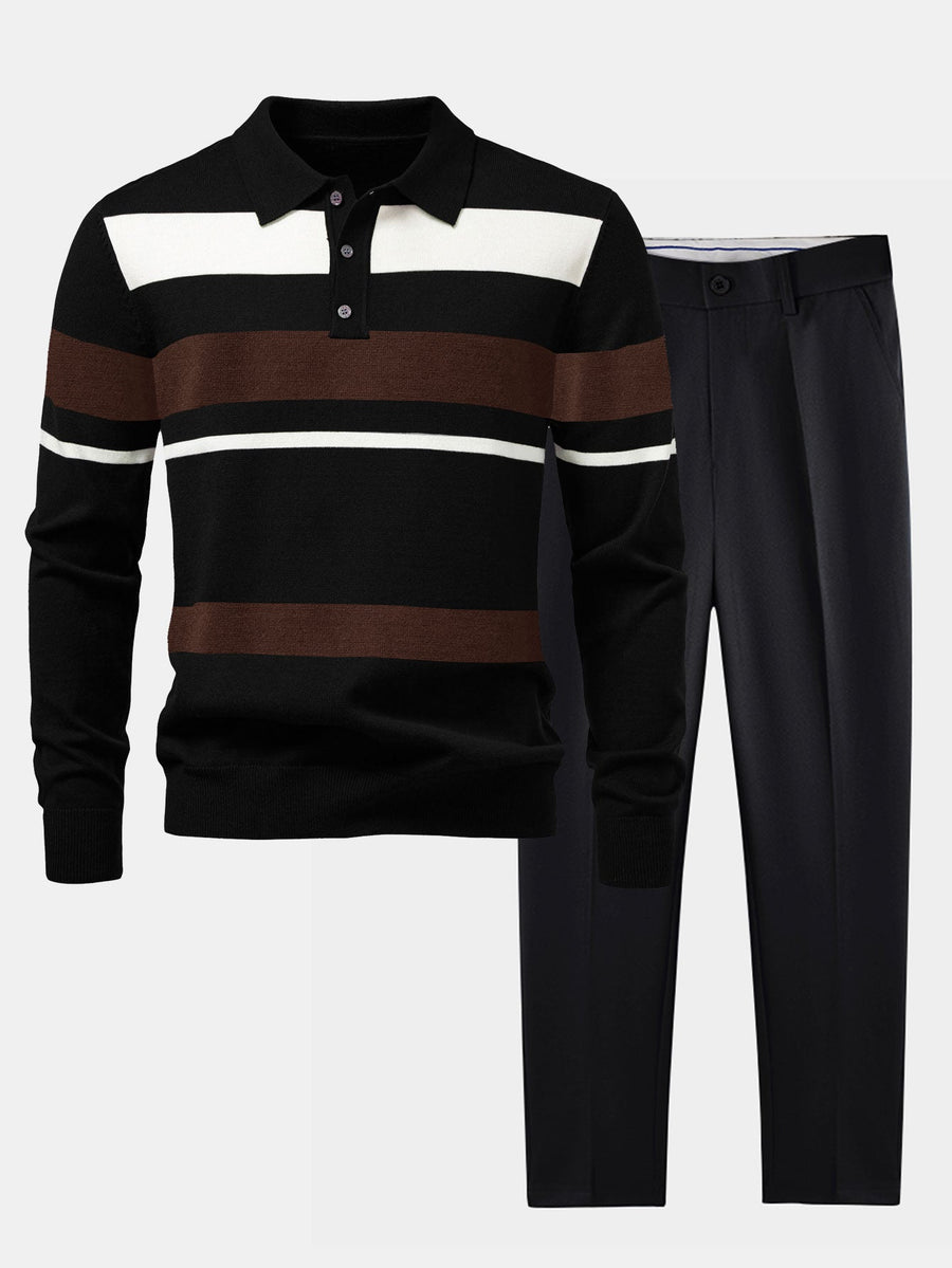 Long Sleeve Stripe Knit Polo Shirt & Slim Fit Tapered Trousers