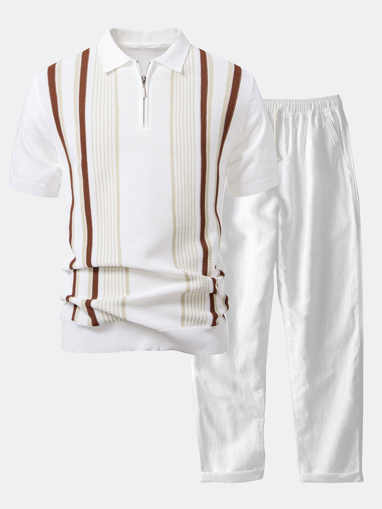 Stripe Knit Zip Up Polo Shirt & Straight Leg Linen Pants