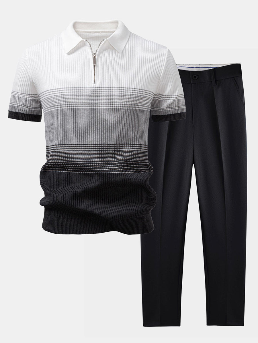 Striped Gradient Knitted Polo Shirt & Slim Fit Tapered Trousers