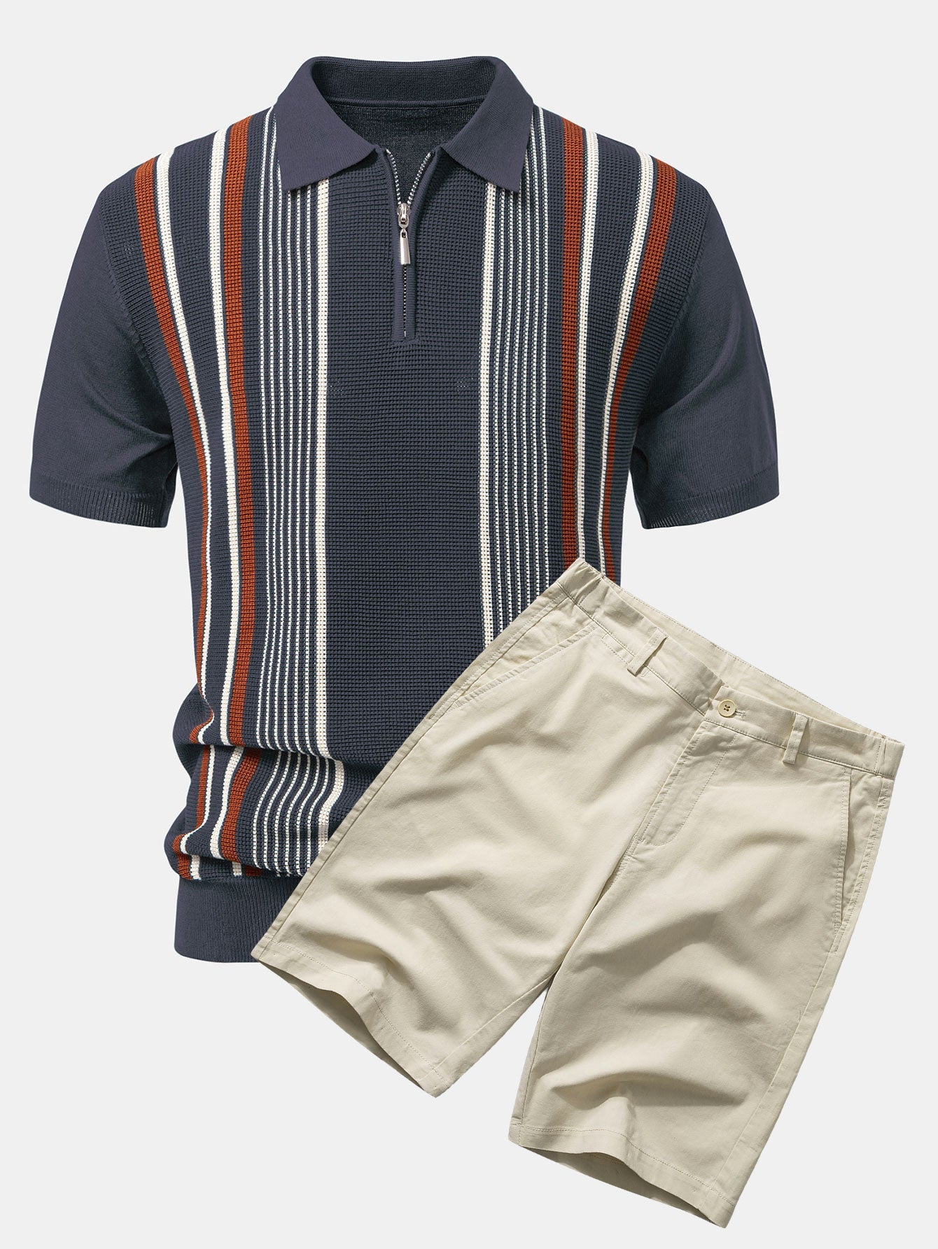Stripe Knit Zip Up Polo Shirt & Cotton Chino Shorts