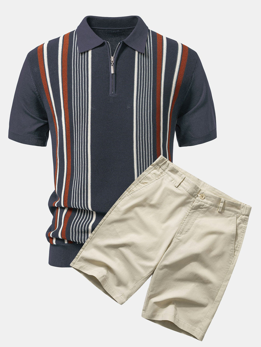 Stripe Knit Zip Up Polo Shirt & Cotton Chino Shorts