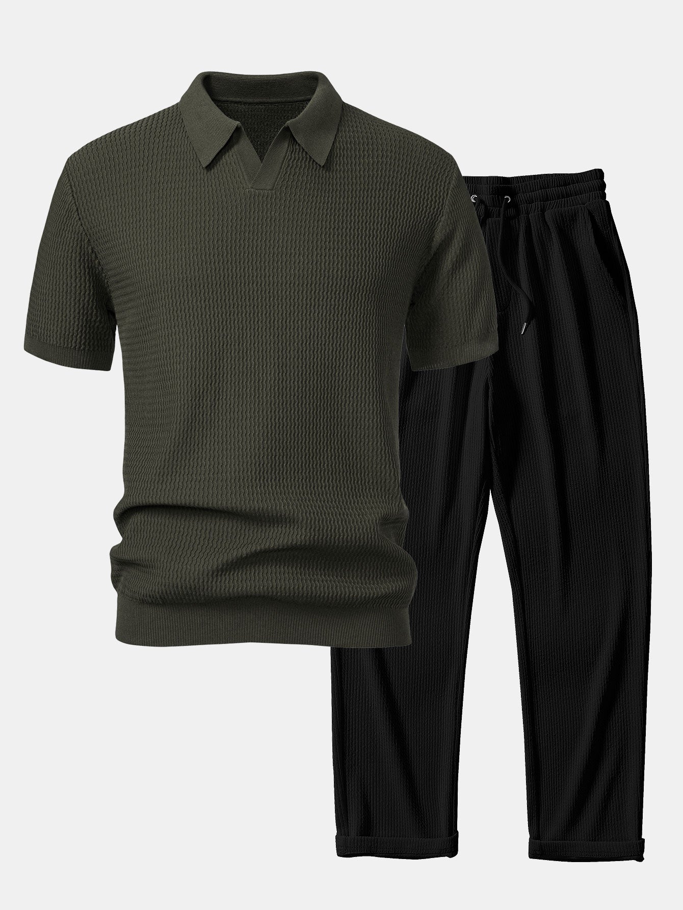 Wave Jacquard Knit V Neck Polo Shirt & Straight Leg Ribbed Pants
