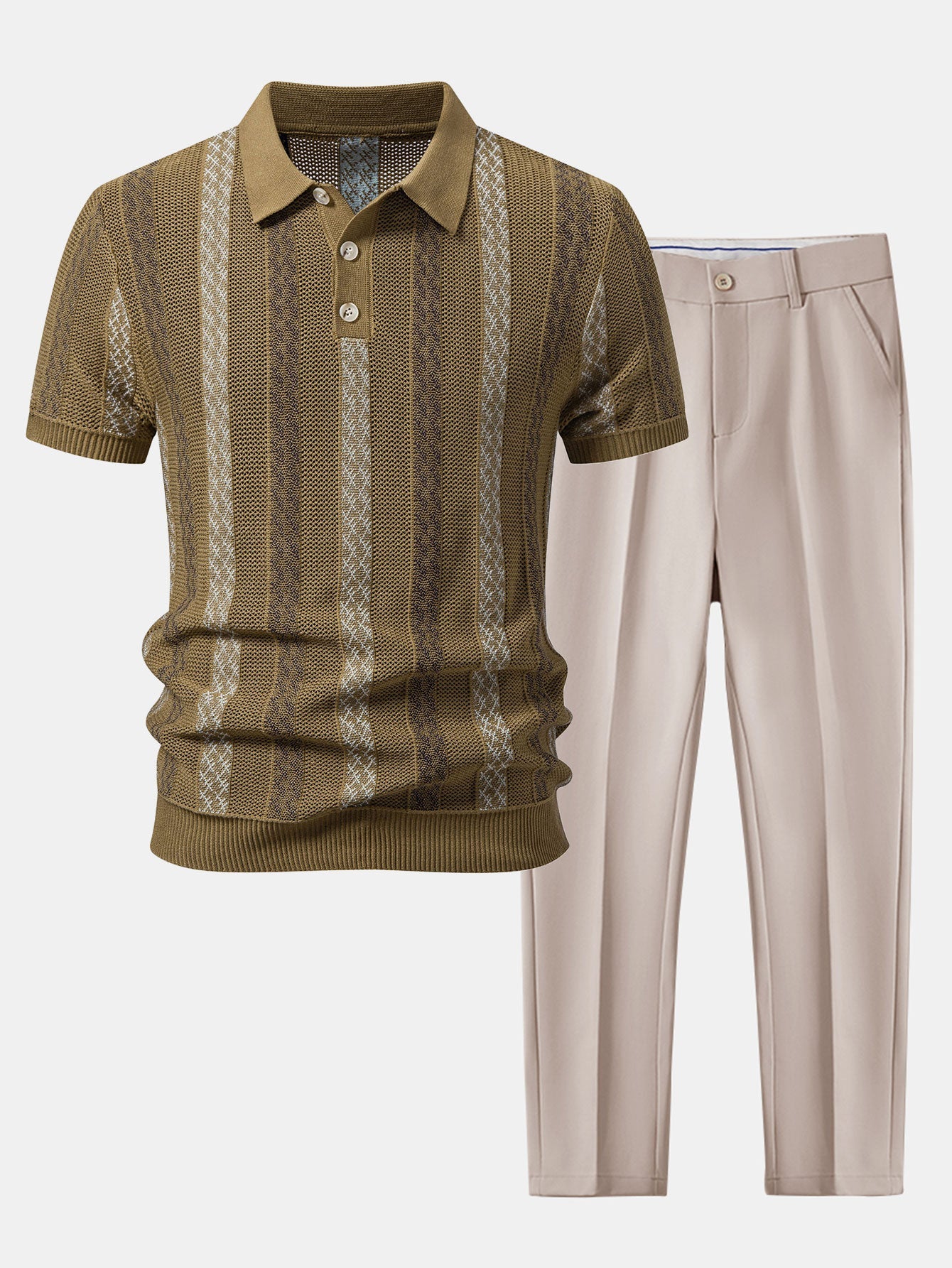 Striped Textured Knit Polo & Slim Fit Tapered Trousers