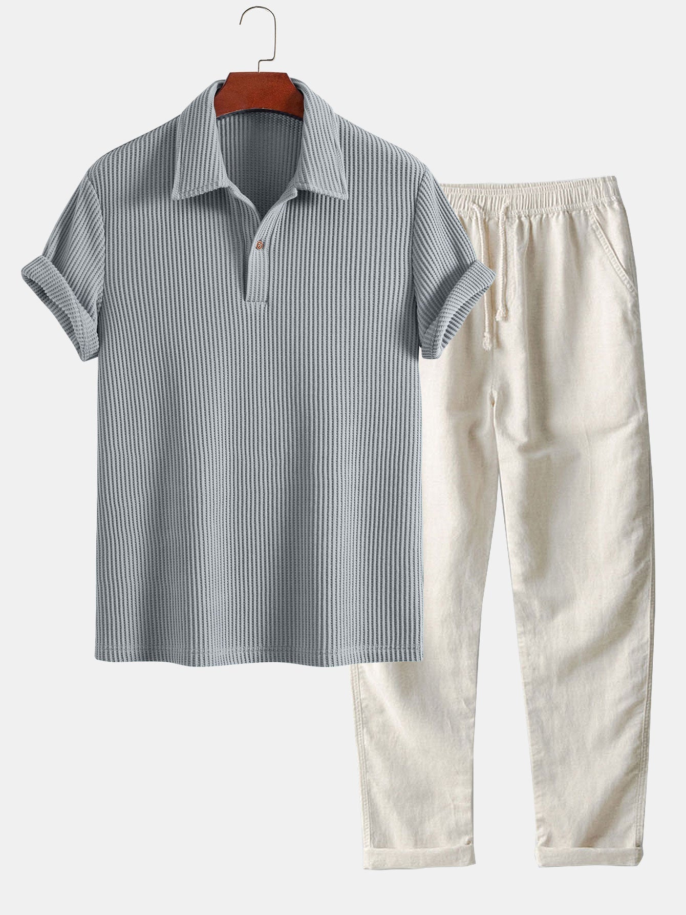 Short Sleeved Waffle Polo & Straight Leg Linen Pants