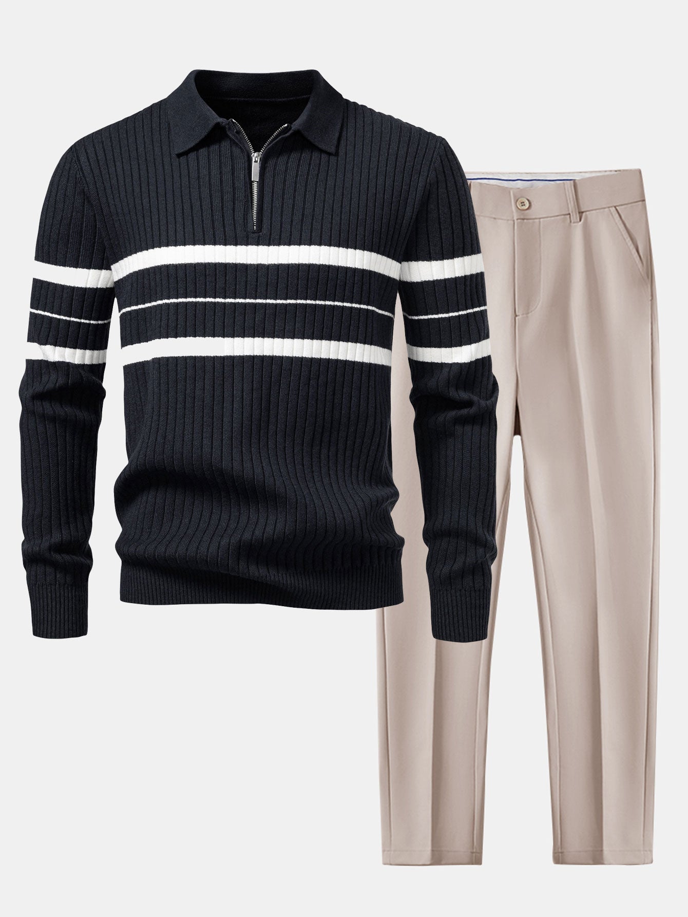 Stripe Zip Knit Ribbed Polo Shirt & Slim Fit Tapered Trousers