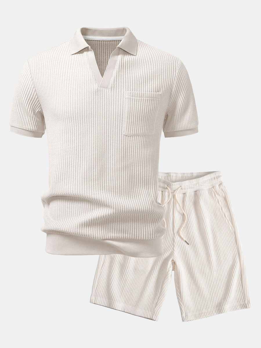 Waffle Johnny Collar Polo With Pocket & Drawstring Knitted Waffle Shorts