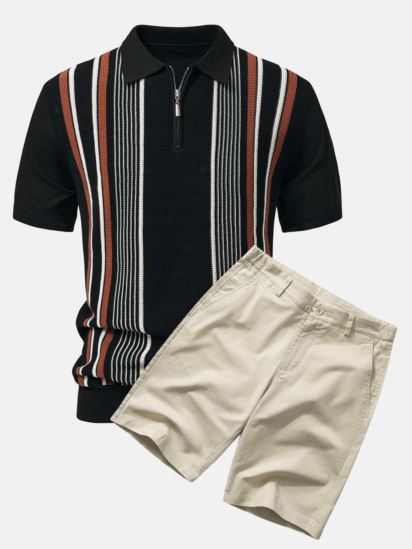 Stripe Knit Zip Up Polo Shirt & Cotton Chino Shorts