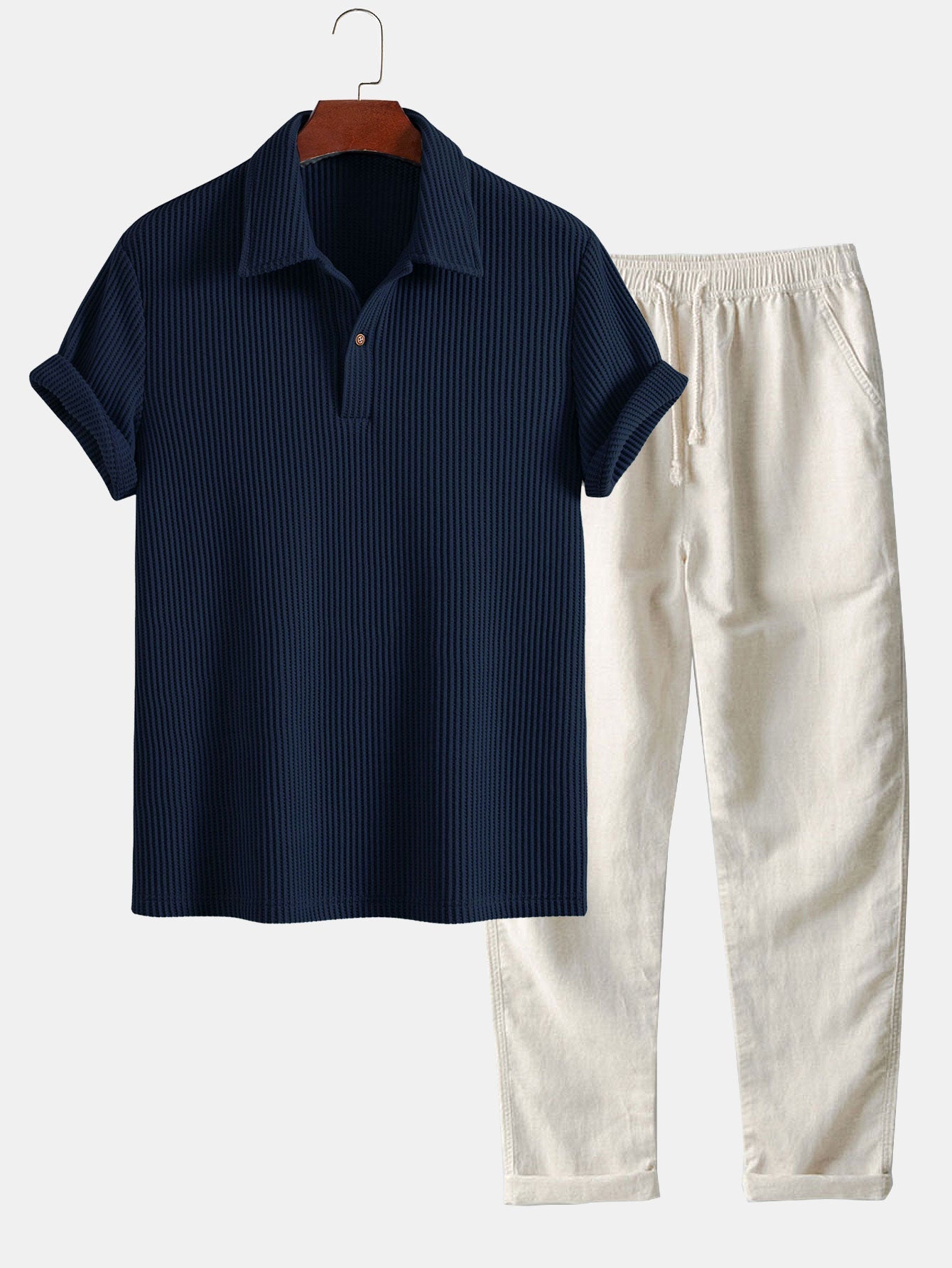 Short Sleeved Waffle Polo & Straight Leg Linen Pants