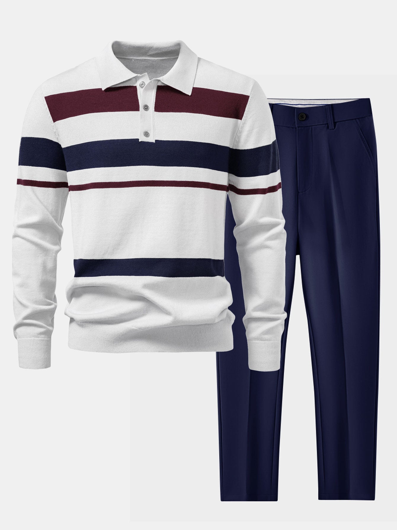 Long Sleeve Stripe Knit Polo Shirt & Slim Fit Tapered Trousers