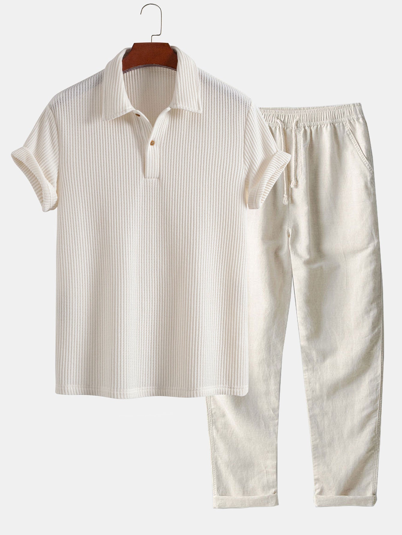 Short Sleeved Waffle Polo & Straight Leg Linen Pants