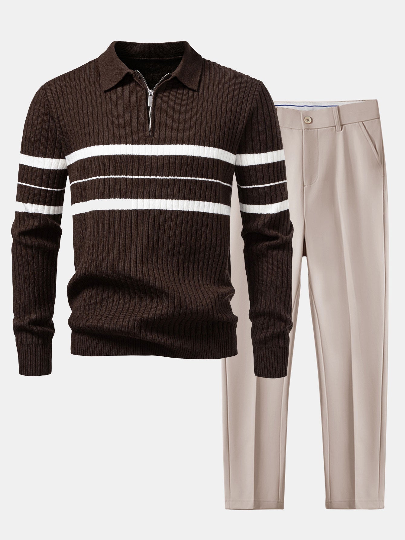 Stripe Zip Knit Ribbed Polo Shirt & Slim Fit Tapered Trousers