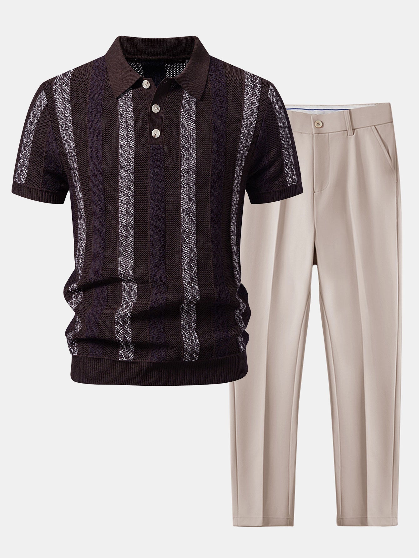 Striped Textured Knit Polo & Slim Fit Tapered Trousers