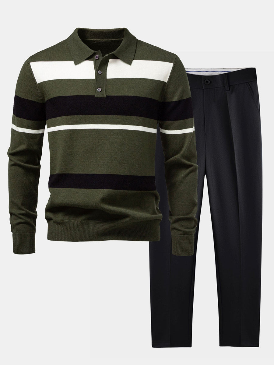 Long Sleeve Stripe Knit Polo Shirt & Slim Fit Tapered Trousers