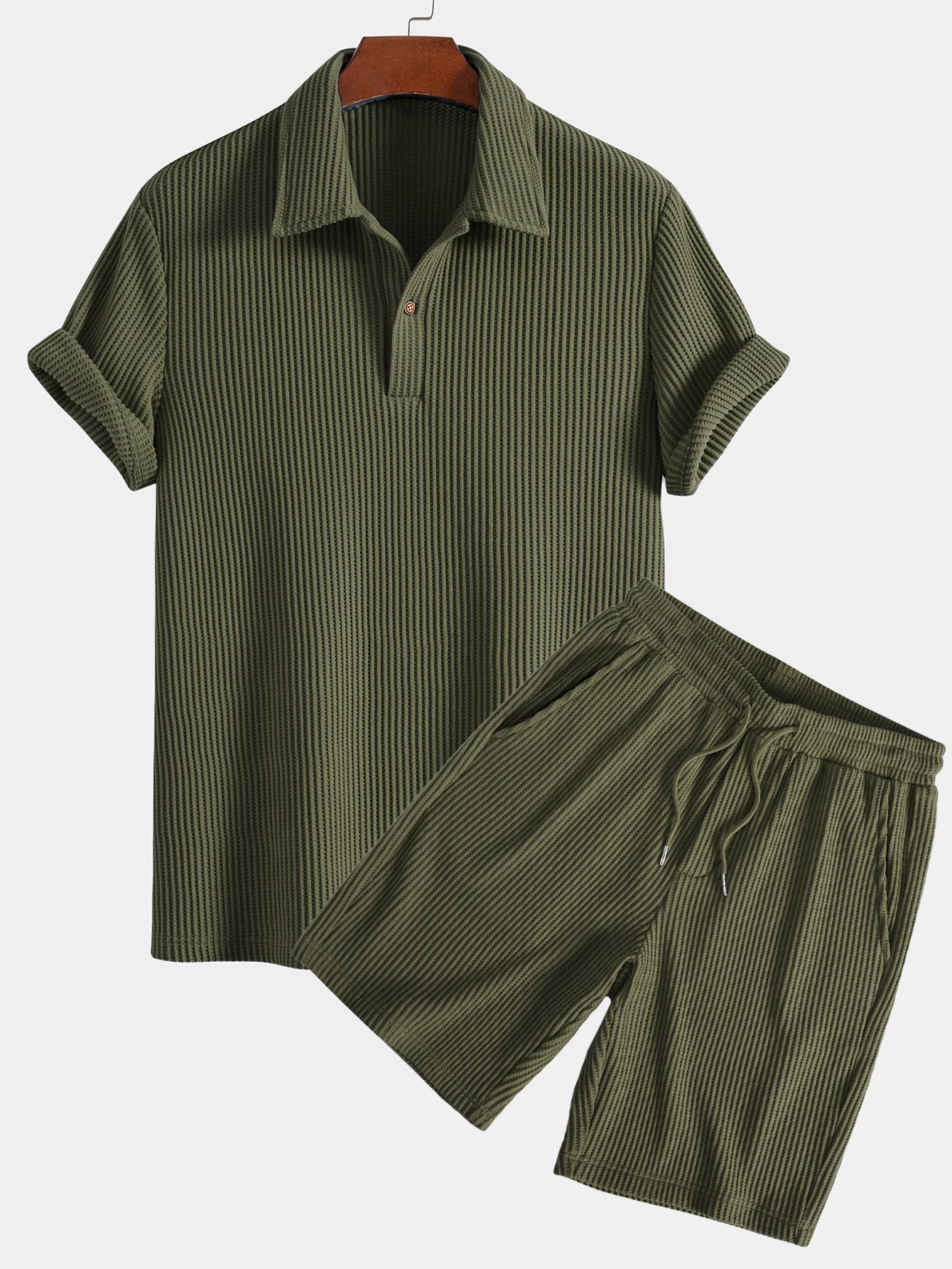 Short Sleeved Waffle Polo & Drawstring Knitted Waffle Shorts