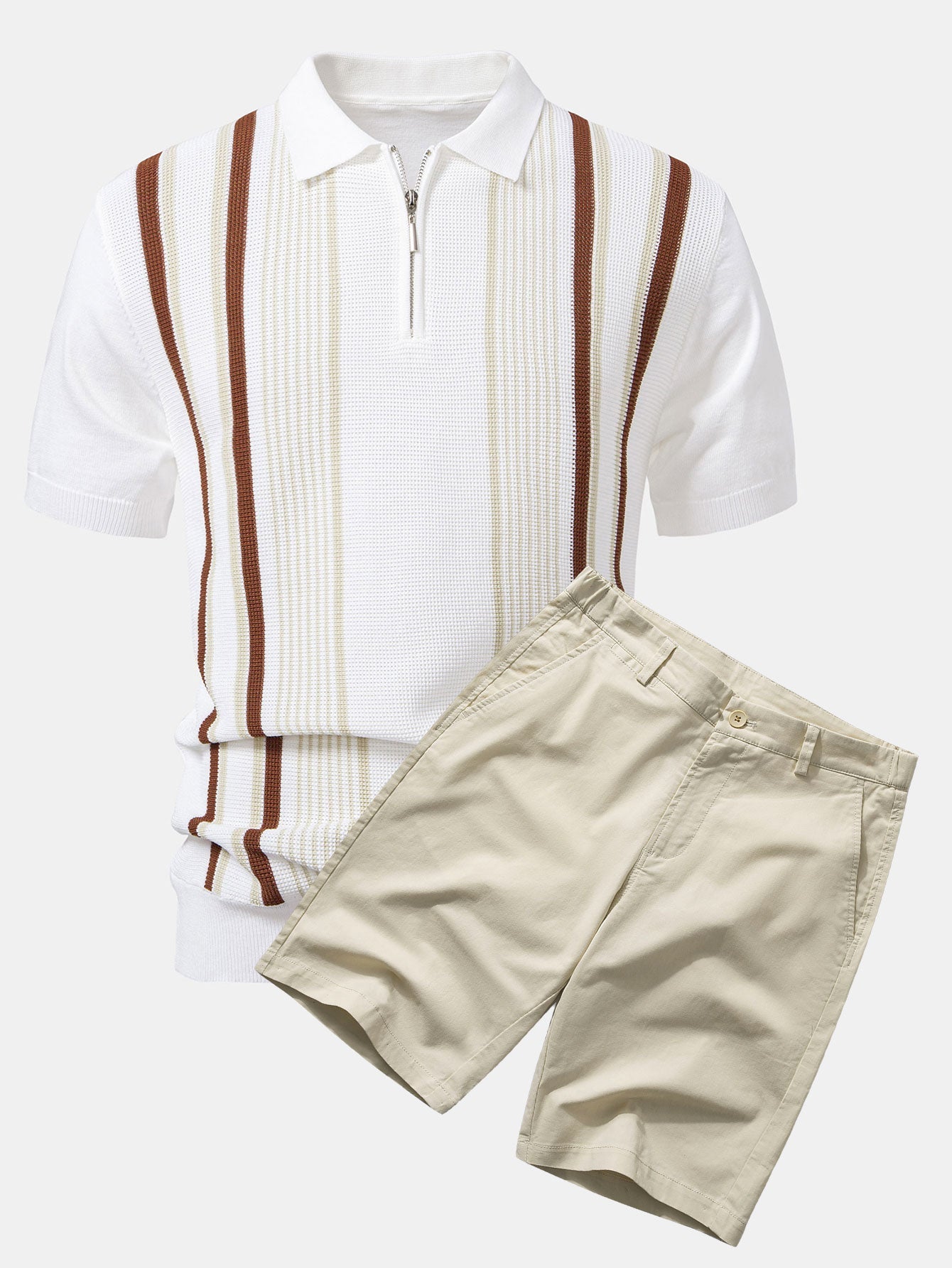 Stripe Knit Zip Up Polo Shirt & Cotton Chino Shorts