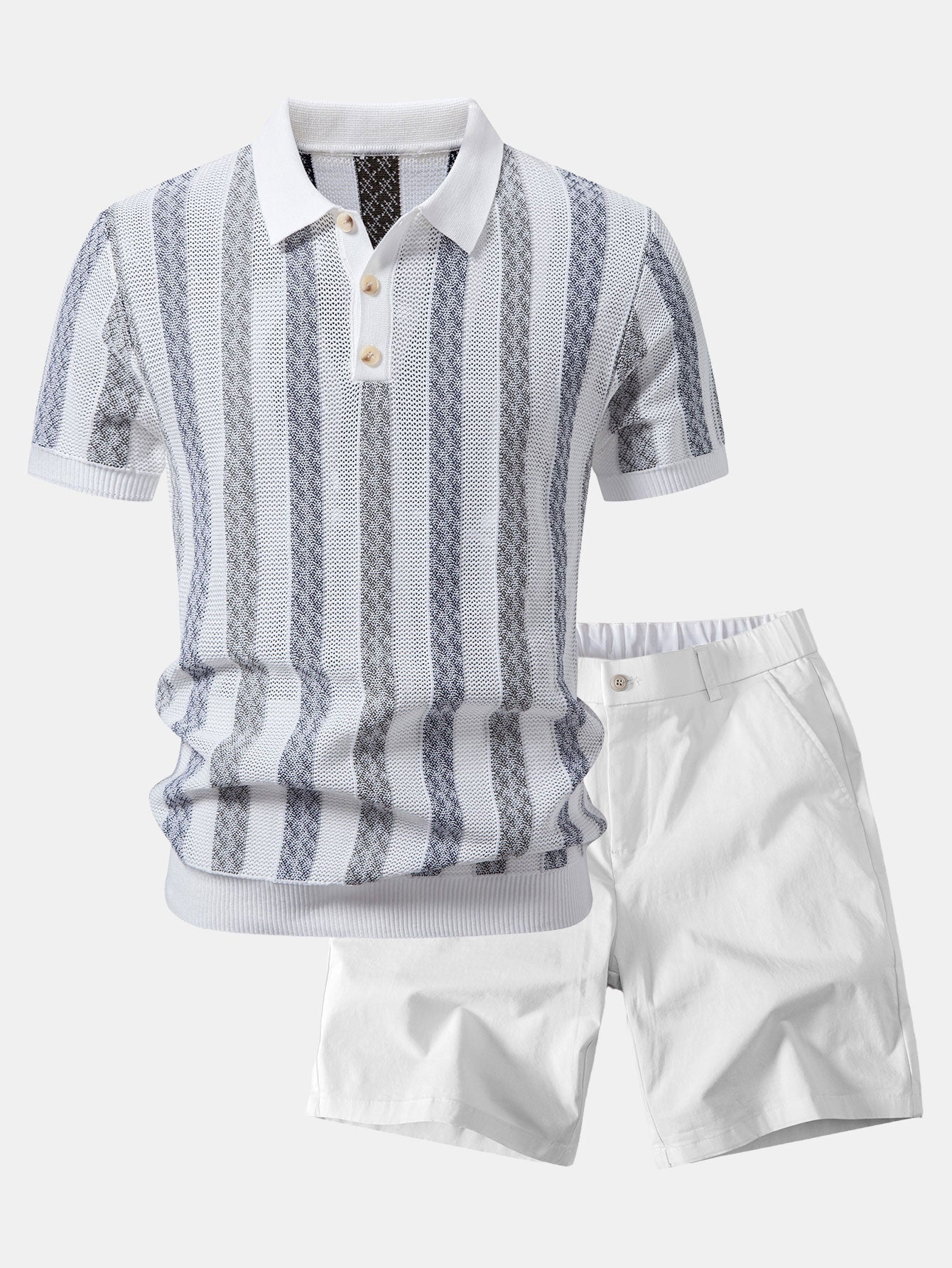 Striped Textured Knit Polo & Elastic Waist Chino Shorts