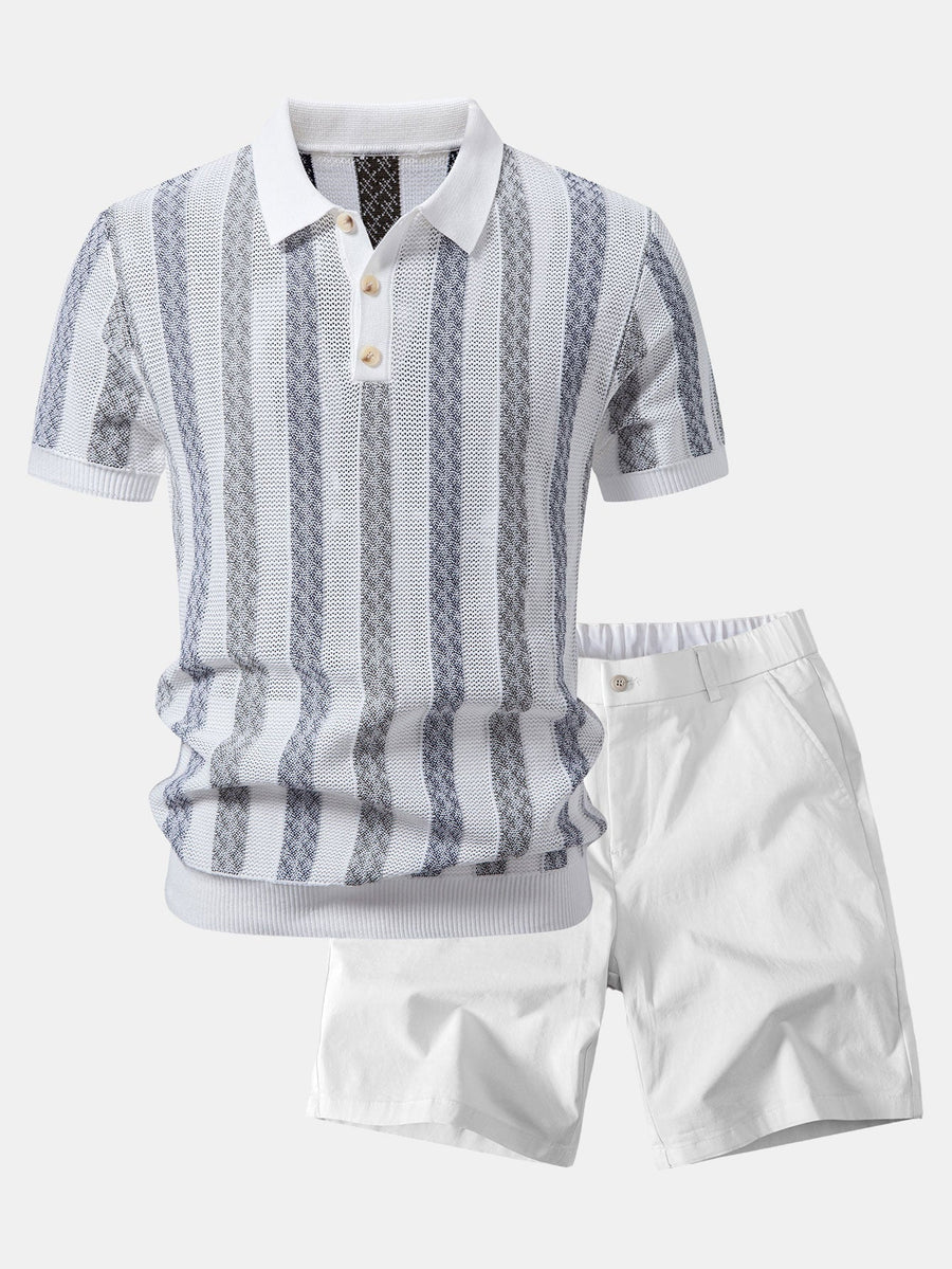 Striped Textured Knit Polo & Elastic Waist Chino Shorts