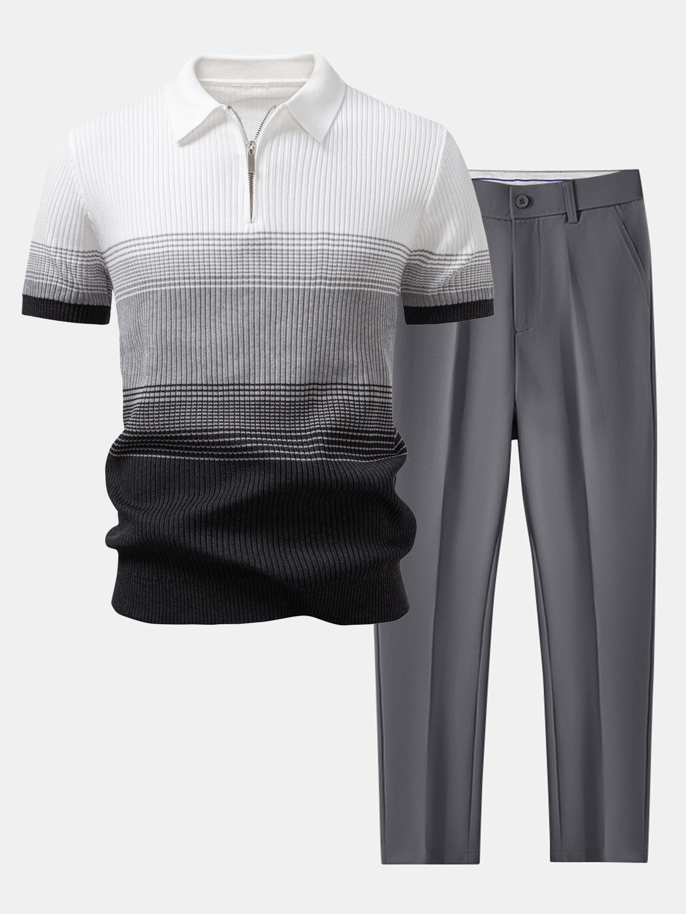 Striped Gradient Knitted Polo Shirt & Slim Fit Tapered Trousers