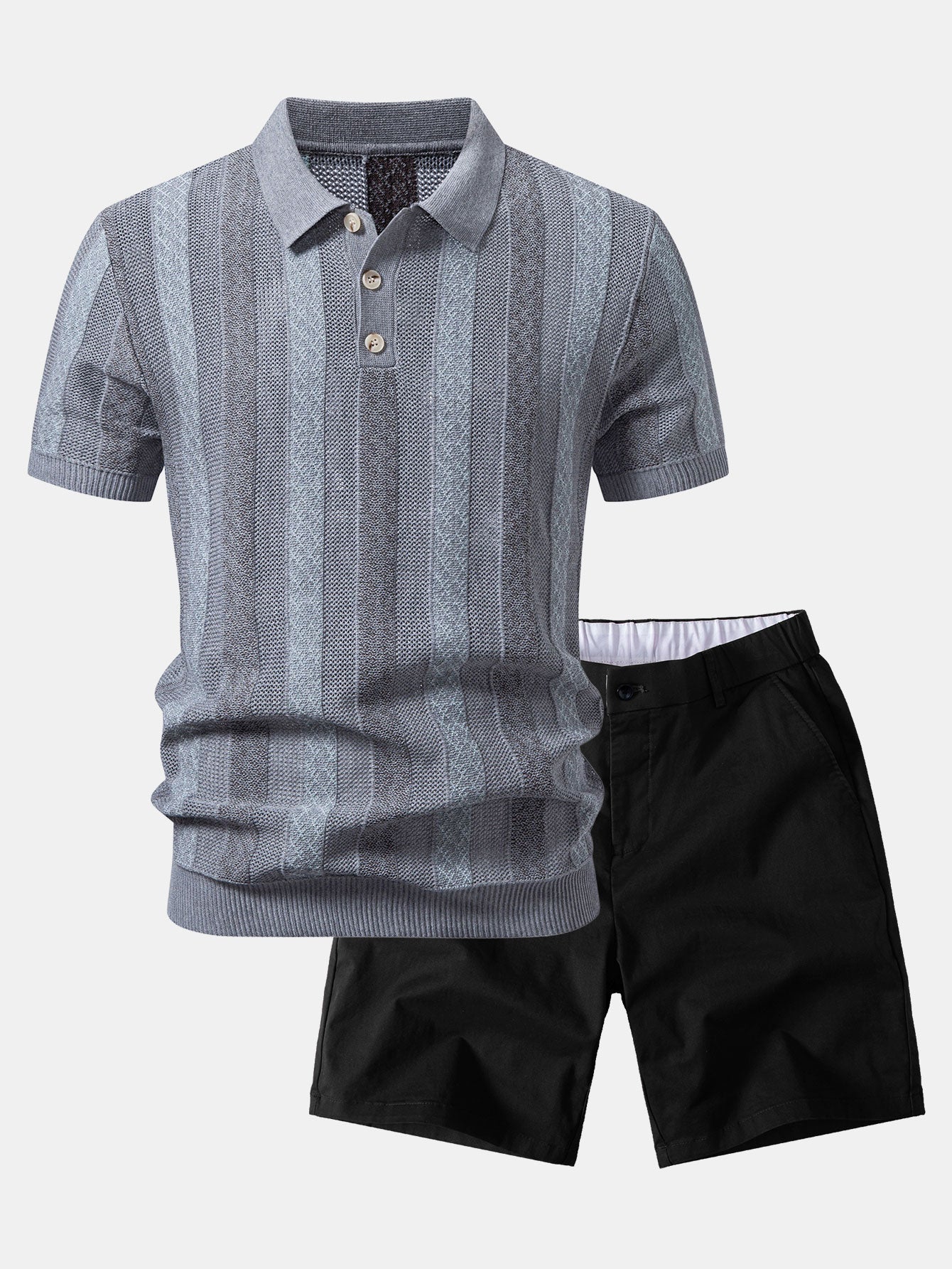 Striped Textured Knit Polo & Elastic Waist Chino Shorts