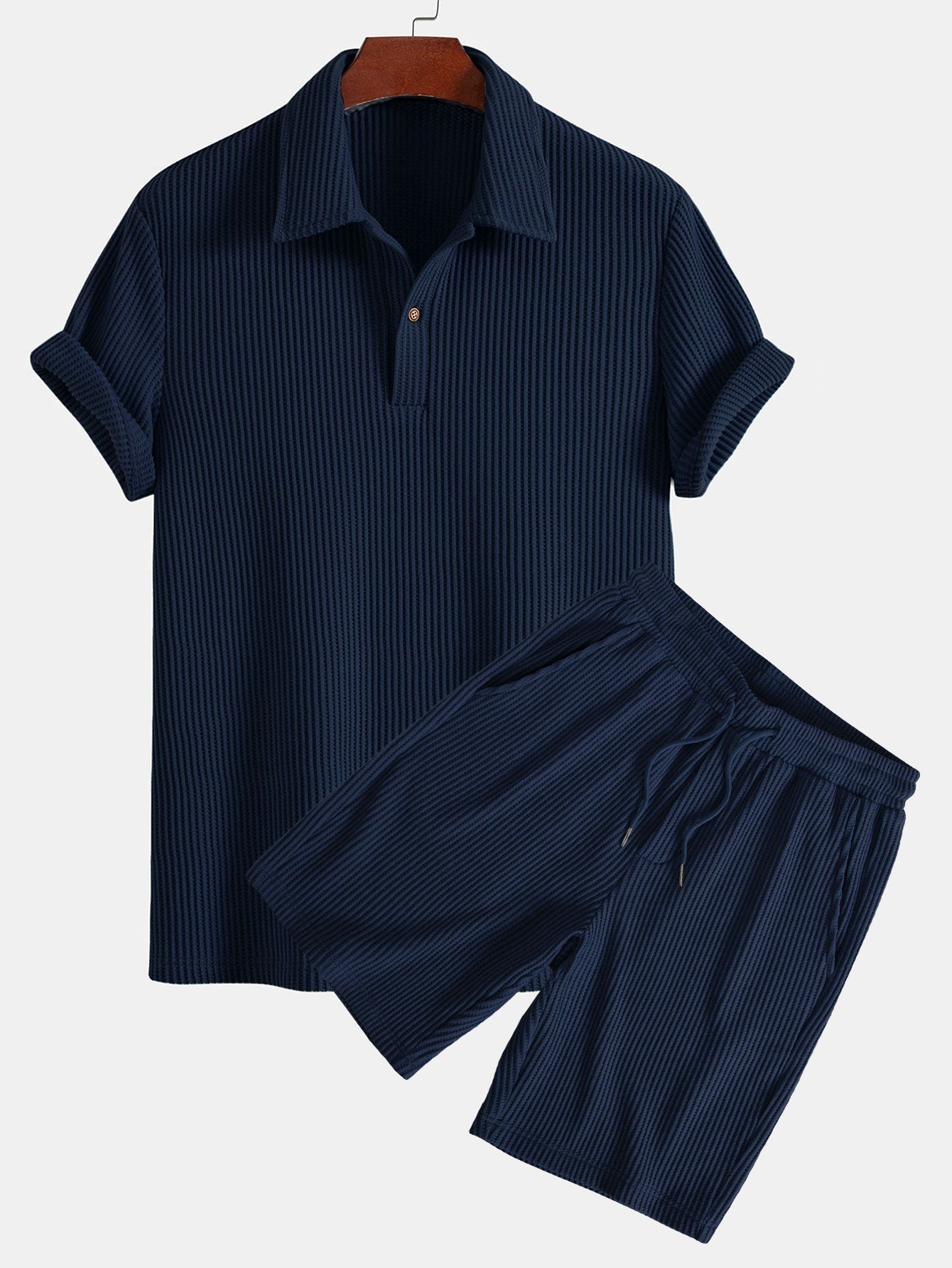 Short Sleeved Waffle Polo & Drawstring Knitted Waffle Shorts