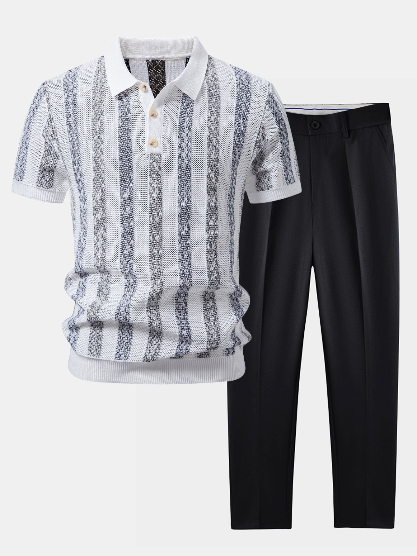 Striped Textured Knit Polo & Slim Fit Tapered Trousers