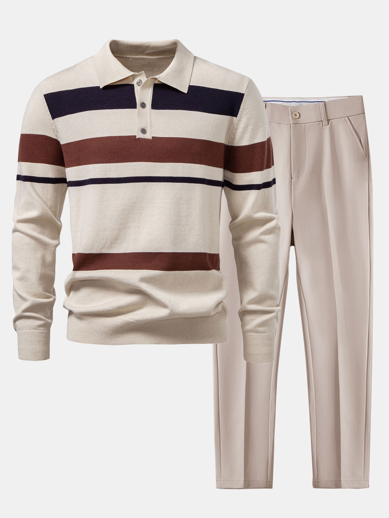 Long Sleeve Stripe Knit Polo Shirt & Slim Fit Tapered Trousers