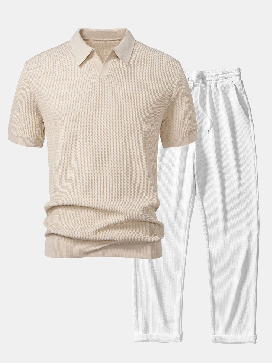 Wave Jacquard Knit V Neck Polo Shirt & Straight Leg Ribbed Pants