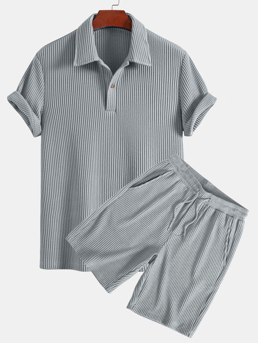Short Sleeved Waffle Polo & Drawstring Knitted Waffle Shorts