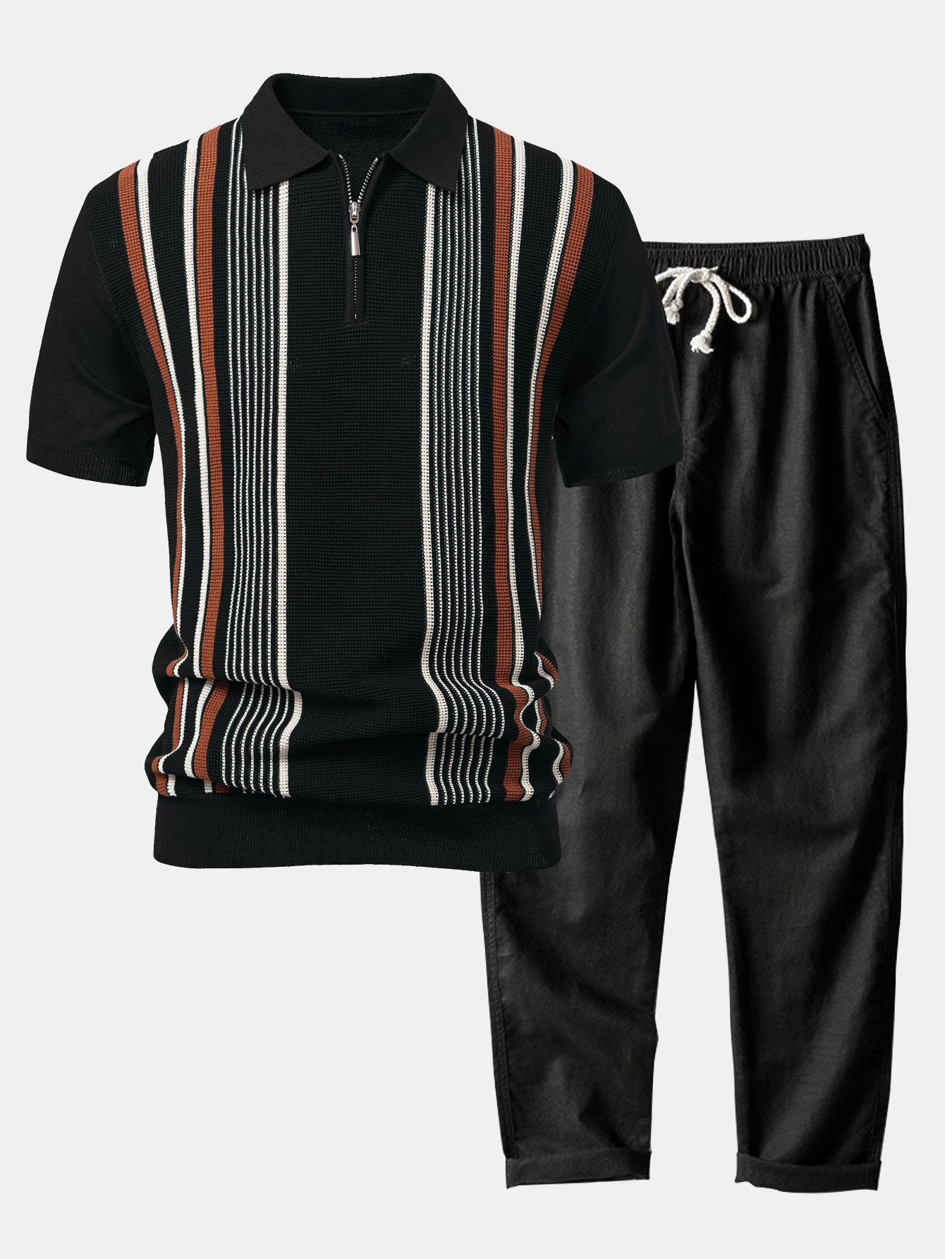 Stripe Knit Zip Up Polo Shirt & Straight Leg Linen Pants