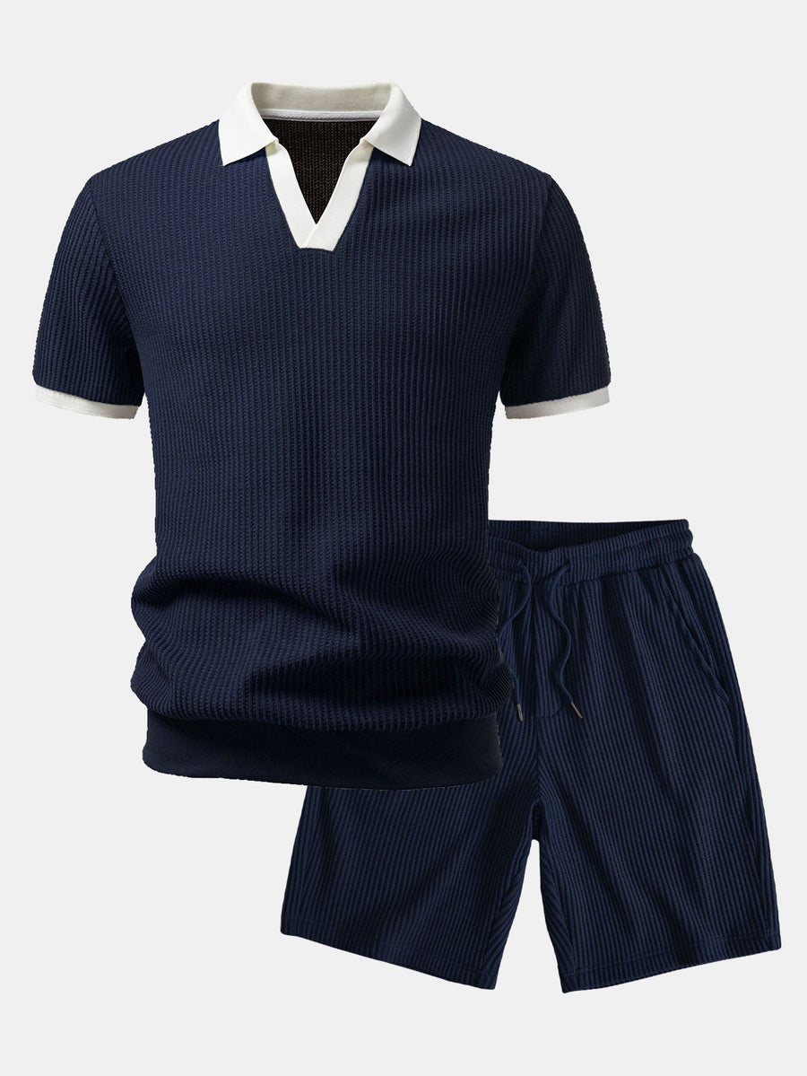Contrast Knit Waffle Johnny Collar Polo & Drawstring Knitted Waffle Shorts