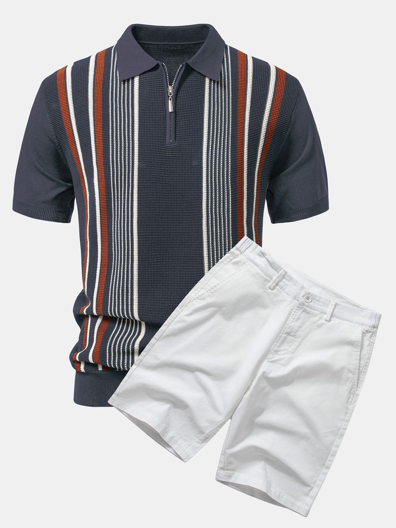 Stripe Knit Zip Up Polo Shirt & Cotton Chino Shorts