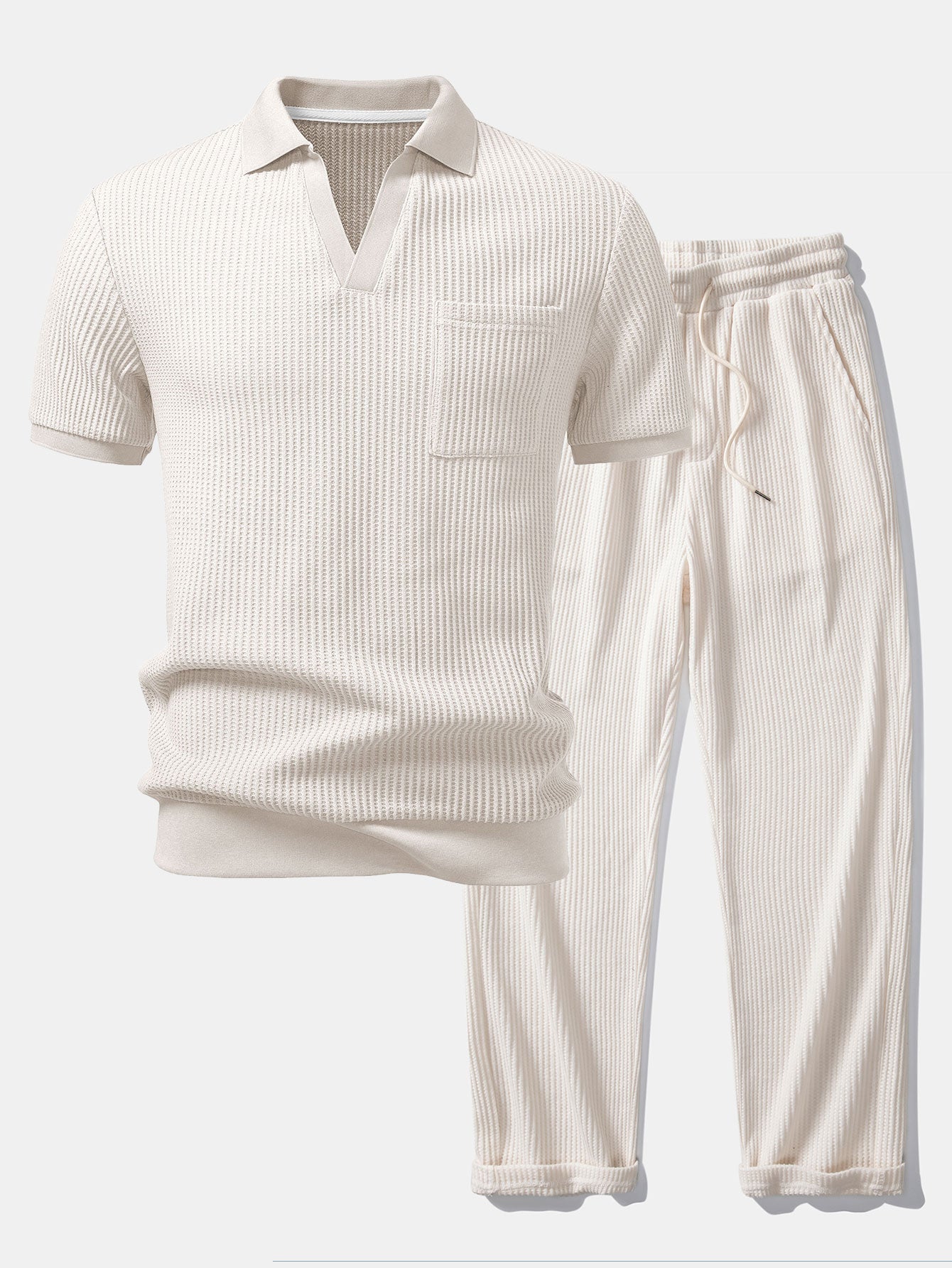 Waffle Johnny Collar Polo With Pocket & Drawstring Knitted Waffle Pants