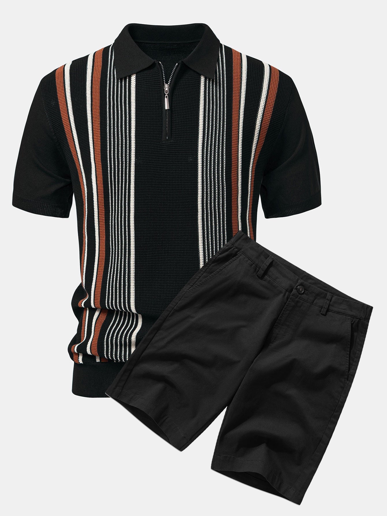 Stripe Knit Zip Up Polo Shirt & Cotton Chino Shorts