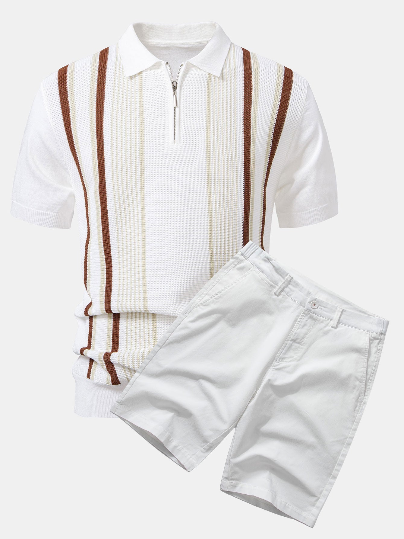 Stripe Knit Zip Up Polo Shirt & Cotton Chino Shorts