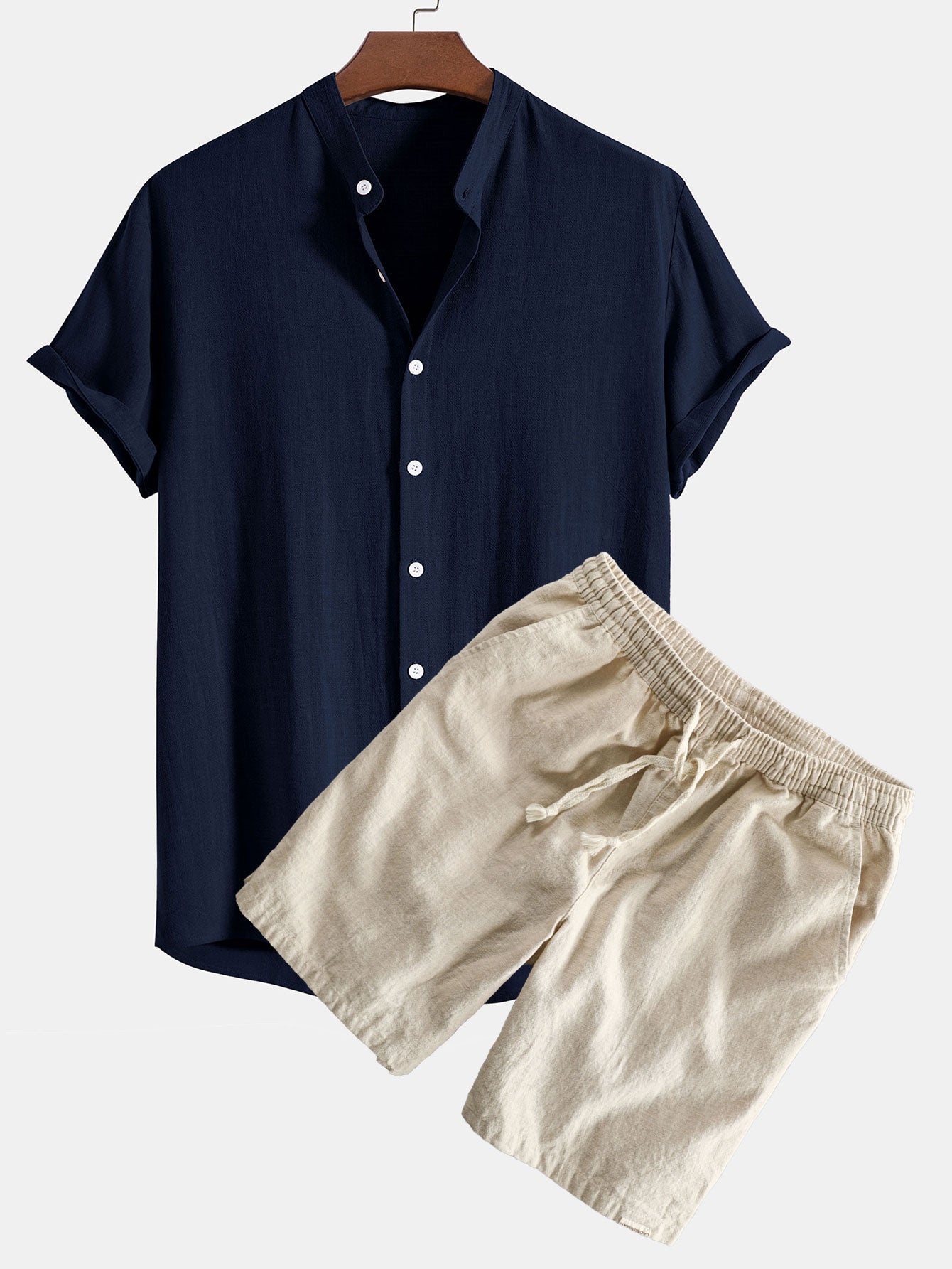 Linen And Rayon Blend Stand Collar Shirt & Linen Cotton Blend Drawstring Shorts