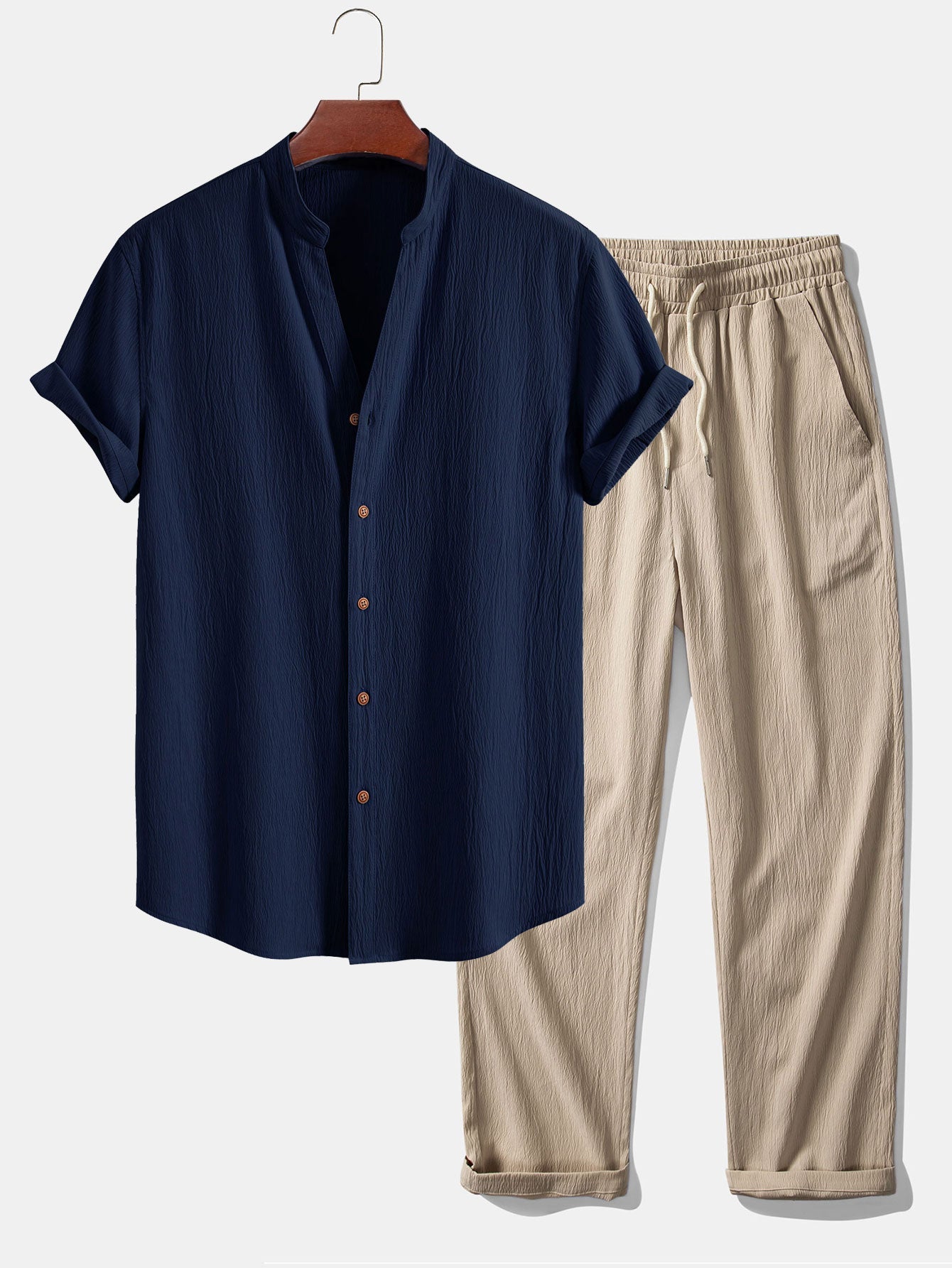 Crinkled Textured V Neck Shirt & Crinkle Textured Straight Leg Pants