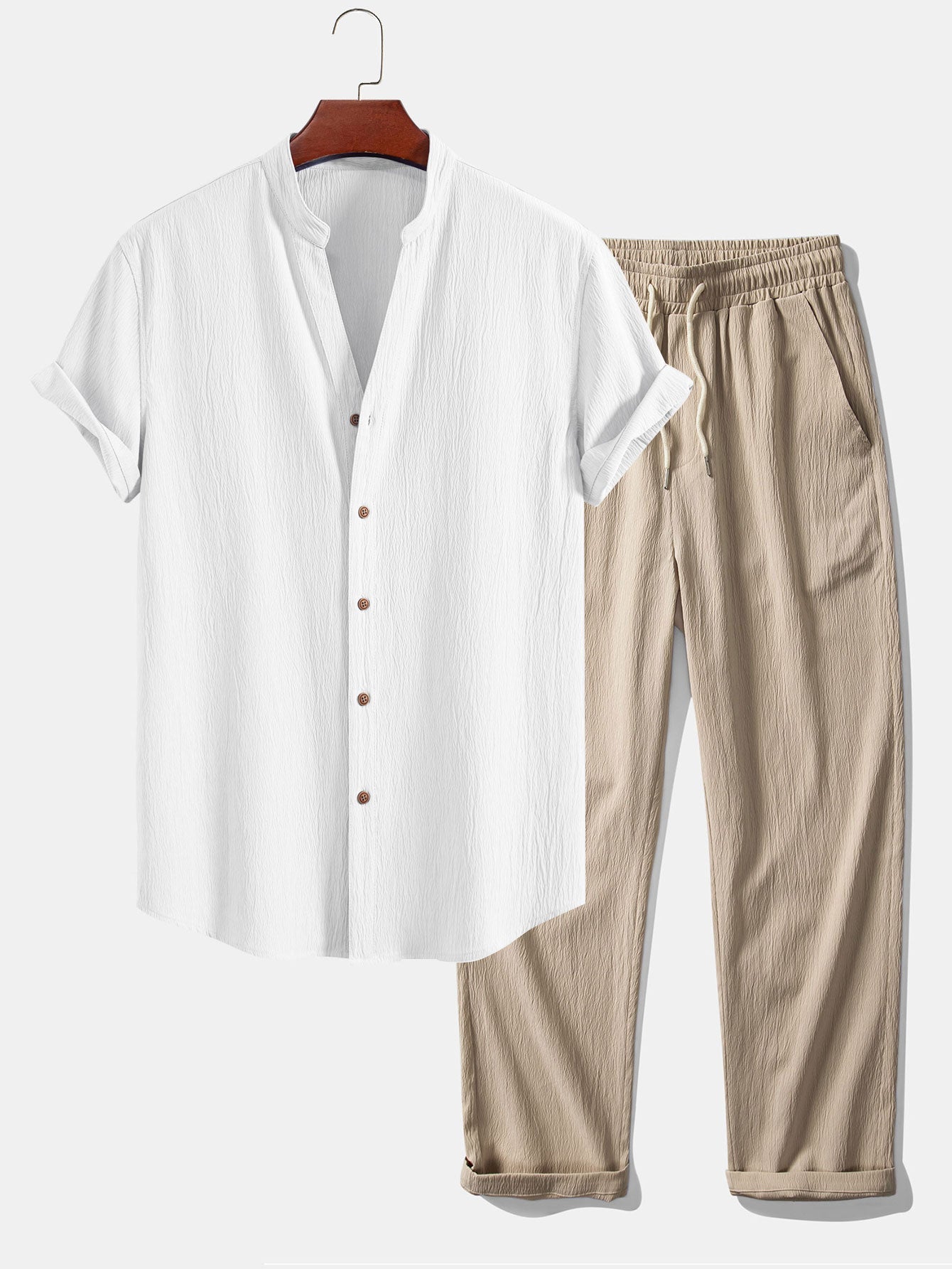 Crinkled Textured V Neck Shirt & Crinkle Textured Straight Leg Pants