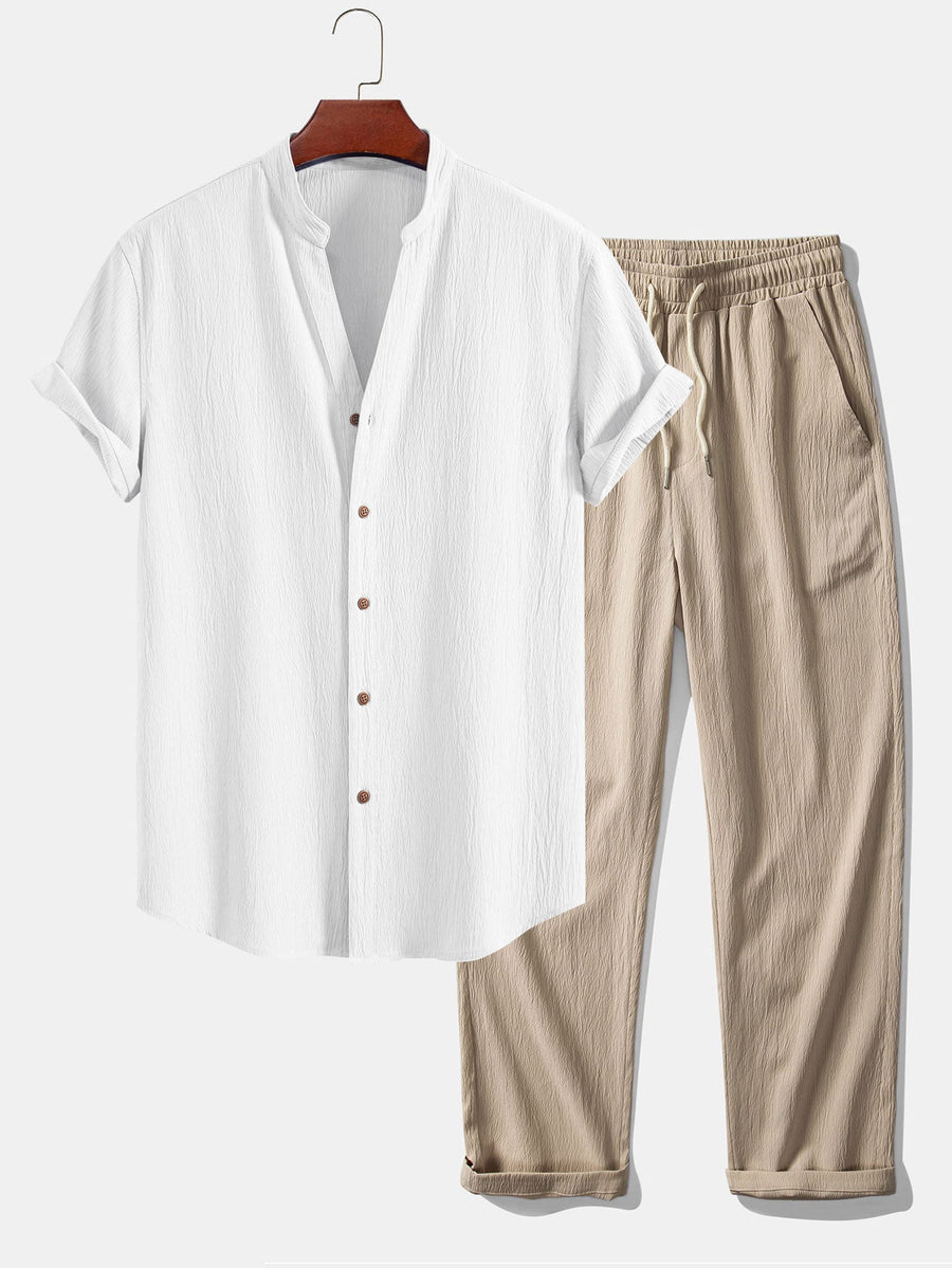 Crinkled Textured V Neck Shirt & Crinkle Textured Straight Leg Pants
