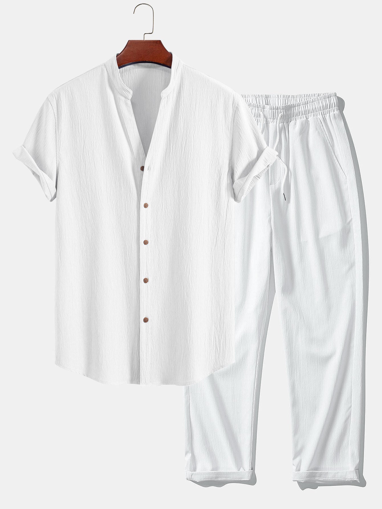 Crinkled Textured V Neck Shirt & Crinkle Textured Straight Leg Pants