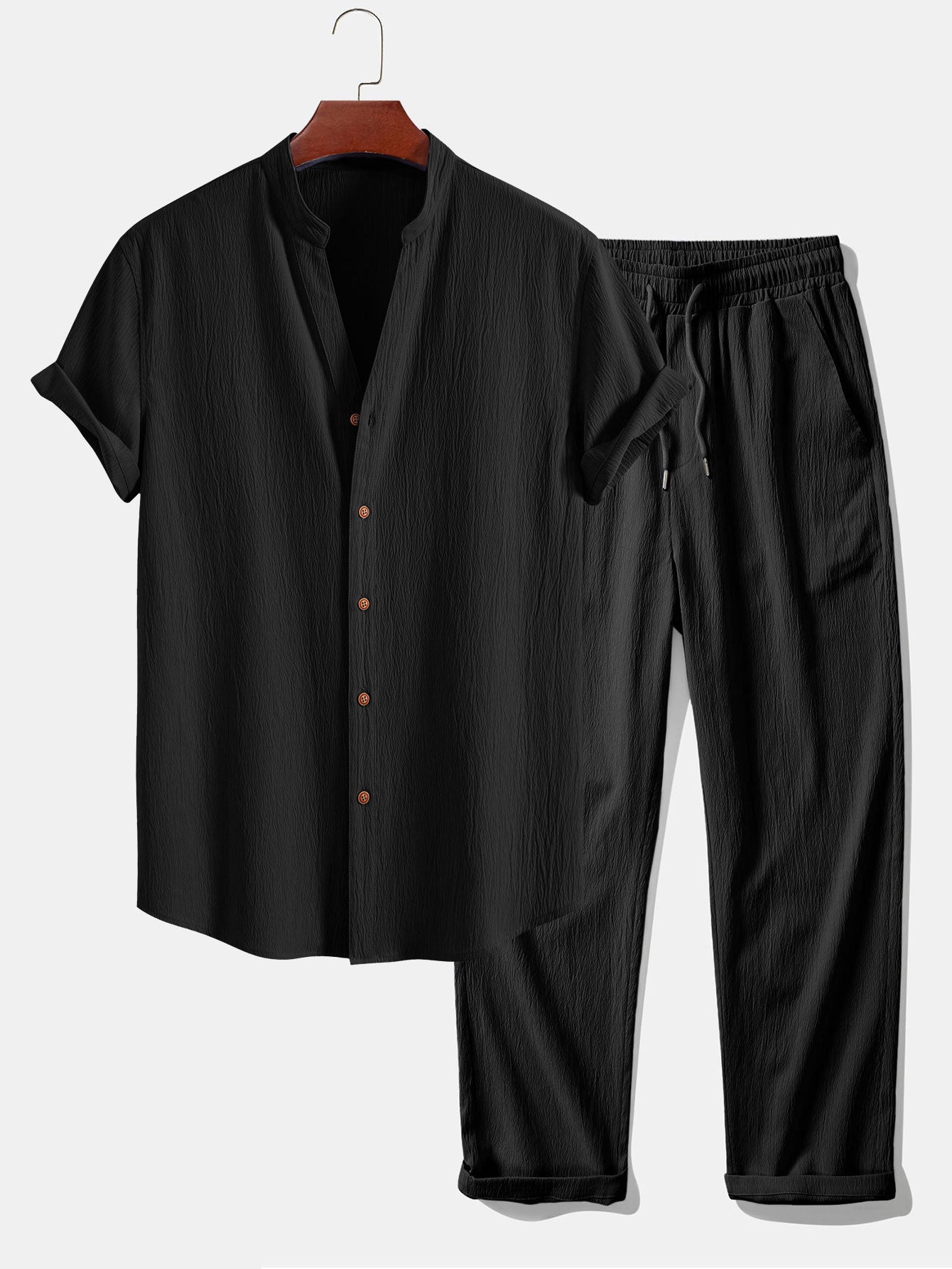 Crinkled Textured V Neck Shirt & Crinkle Textured Straight Leg Pants