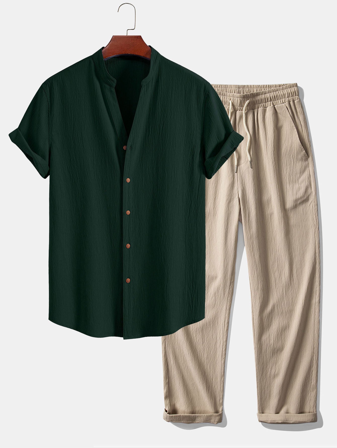 Crinkled Textured V Neck Shirt & Crinkle Textured Straight Leg Pants