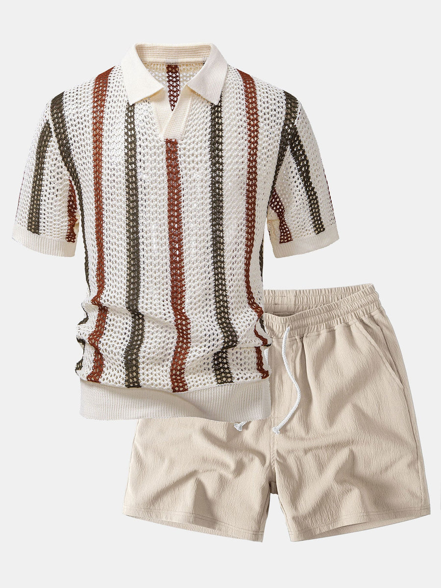 Striped Crochet V Neck Polo & Crinkle Textured Drawstring 5" Shorts